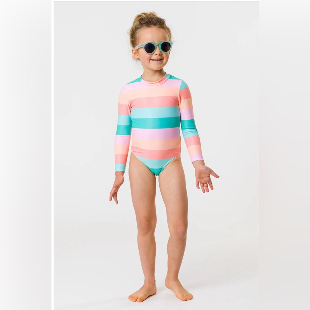 Snapper Rock Sunset Striped Girls Long Sleeve One Piece Swimsuit Sz 13-14 years